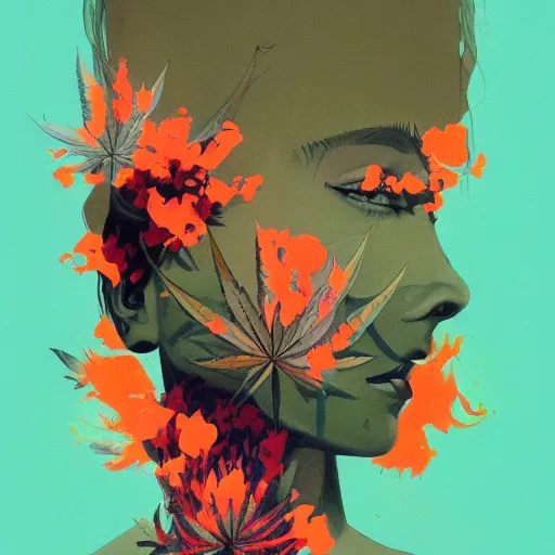 Prompt: surreal gouache painting by conrad roset, cannabis flowers growing out, portrait, cgsociety, artstation