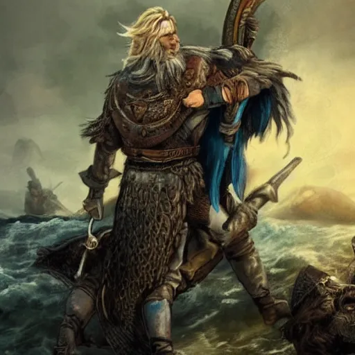 Image similar to odin with huggin and munning on his shoulders walking through the sea of death, followed by the valkyries. he is holding gungir in his right hand