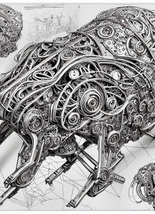 Image similar to full page scan of detailed concept art of very technical and detailed blueprint of a rabbit wood robot, intricate details, ultra - detailed, baroque style, illustration, desaturated, concept art, ornate symbolic border