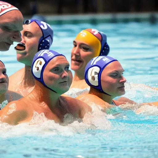 Prompt: a water polo players riding a hippopotamuses. photograph.