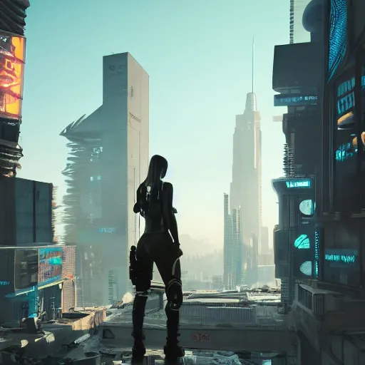 Image similar to trending on artstation 4k, unreal engine render, beautiful illustration of military woman standing in cyberpunk city