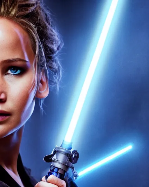 Image similar to jennifer lawrence as a jedi with ripped and damaged clothes holding a blue lightsaber in her hands, very dark background, official new star wars episode xi movie poster from lucas arts, perfect symmetrical face, moody lighting, 8 k, shallow depth of field, intricate detail,