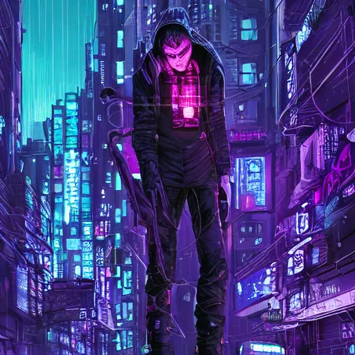 Image similar to high detailed dead android in a cyberpunk rainy city at night by Josan Gonzalez, purple and blue neons, unreal engine, high quality, 4K, UHD, trending on ArtStation, wires, blade runner vibes, ghost in the shell, akira, dorohedoro