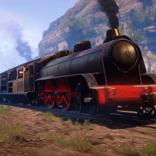 Image similar to futuristic sleek steam locomotive in red dead redemption 2