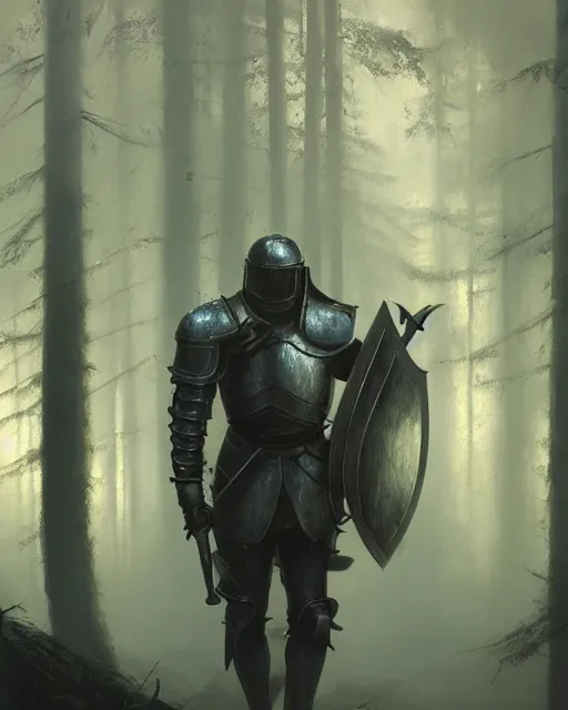 Image similar to Hyper realistic painting of a knight in rusty full plate armor wielding a greatsword, hyper detailed, surrounded by a dark forest, fog, moody, cinematic lighting, dim blue lighting, by greg rutkowski, trending on artstation