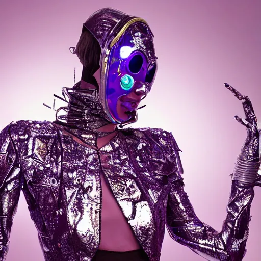 Image similar to hi - fructose mag photo, inside a futuristic detailed alien jungle made out of shiny reflective chrome, futuristic android with limbs made out of stretchy rubber tubing mixed with shiny colorful giant intricate detailed chrome gauntlets and chest piece and discoball mask, wearing a long purple velvet cape, fog and mist