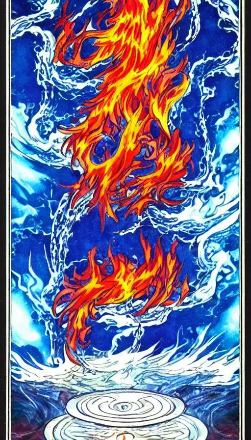 Image similar to a high quality anime still of fire and water mixing together, conveying a sense of balance inspired by the Temperance tarot card,