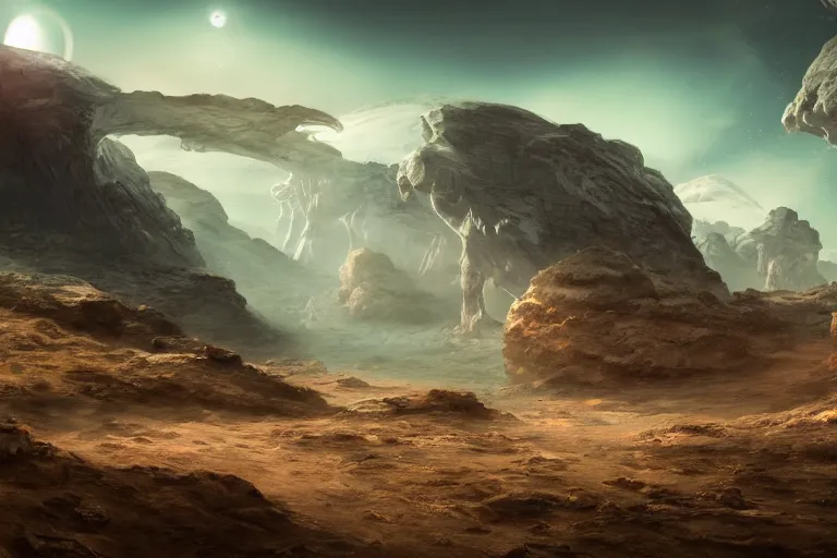 Image similar to Landscape of a beautiful alien world. Cinematic lighting. Photorealism.