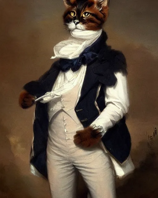 Prompt: cute brown cat with serious expression wearing regency era menswear in navy and white, thomas lawrence, greg rutkowski