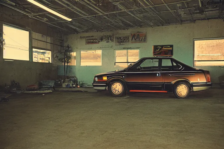 Prompt: 1985 Honda Civic, inside of an unlit 1970s auto repair garage, ektachrome photograph, volumetric lighting, f8 aperture, cinematic Eastman 5384 film