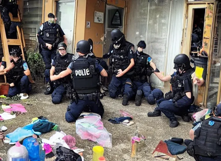 Prompt: Photo of a police raid on a colourful anarchist squat