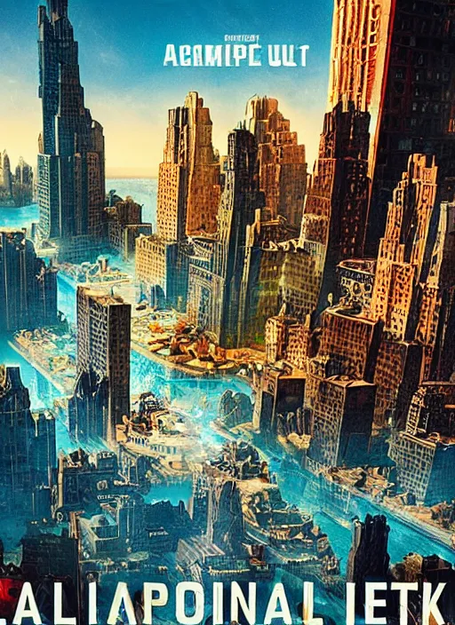 Image similar to apocalyptic new York colleding into utopia atlantis, movie poster