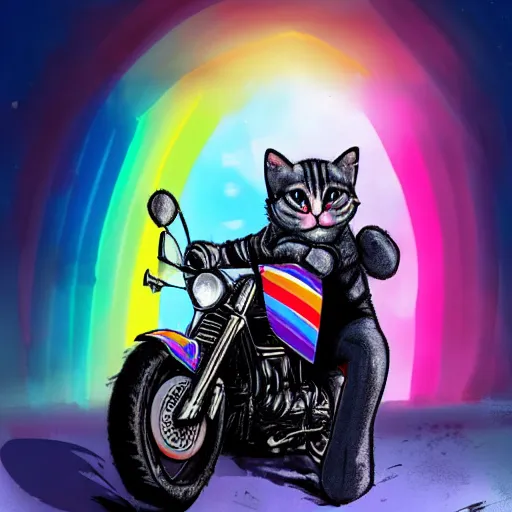 Image similar to wide angle full body, jacket wearing fluffy cute rainbow kitten wearing a black leather motorcycle jacket, riding on a motorcycle, cinematic concept art