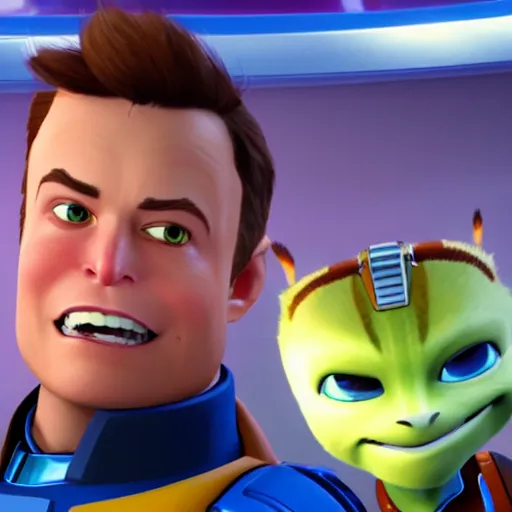 Image similar to portrait of elon musk in ratchet and clank, in game graphic, ps 5 gameplay, screenshot, high quality