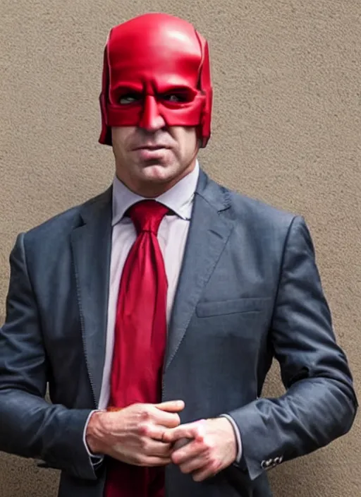 Image similar to Saul Goodman dressed as Daredevil, no mask