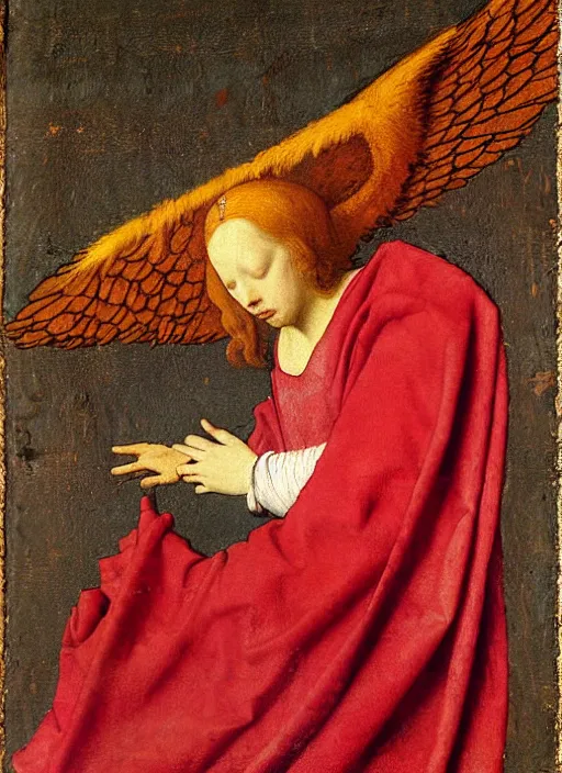 Image similar to Flying Fallen Angel with wings dressed in red, Medieval painting by Jan van Eyck, Johannes Vermeer, Florence