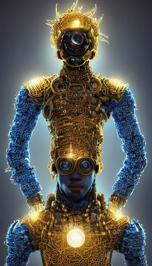 Image similar to full body head to toe portrait of a afropunk sci-fi cyborg ninja, third person, D&D, sci-fi fantasy, intricate, blue and gold, afrofuturism, afro hair style, black skin male, highly detailed, art by Range Murata, highly detailed, 3d, octane render, bright colors, digital painting, trending on artstation, sharp focus, illustration style of Stanley Artgerm, dramatic background