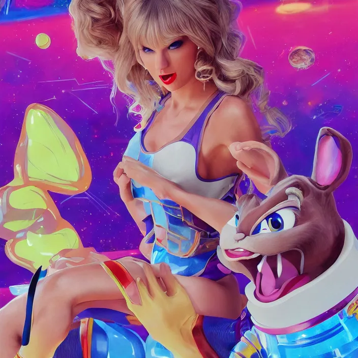 Image similar to portrait of Taylor Swift as Lola Bunny in Space Jam 1996. intricate abstract. intricate artwork. by Tooth Wu, wlop, beeple, dan mumford. octane render, trending on artstation, greg rutkowski very coherent symmetrical artwork. cinematic, hyper realism, high detail, octane render, 8k, iridescent accents