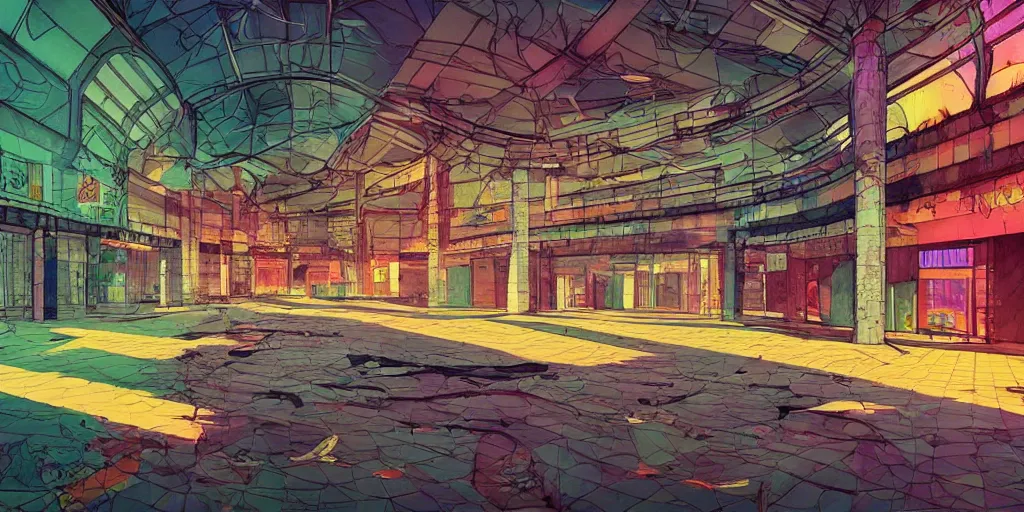 Prompt: eerie but beautiful abandoned mall at night, full of color, award - winning anime digital art