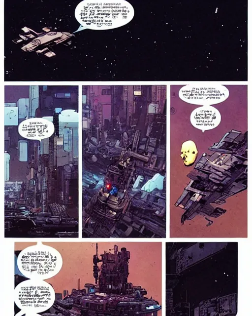 Image similar to a large whimsical spaceship floating above a cyberpunk city, by Mike Mignola, Robbie Trevino, ellen jewett, Yoji Shinkawa