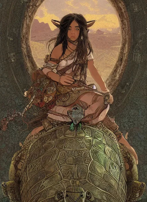 Image similar to portrait of a little warrior girl character sitting on top of a giant armored turtle in the desert, epic character with dark skin and beautiful green eyes. the girl has a very beautiful detailed symmetrical face, long black hair. the turtle has a big wise face and closed eyes, diffuse night light, dramatic landscape, fantasy illustration by mucha