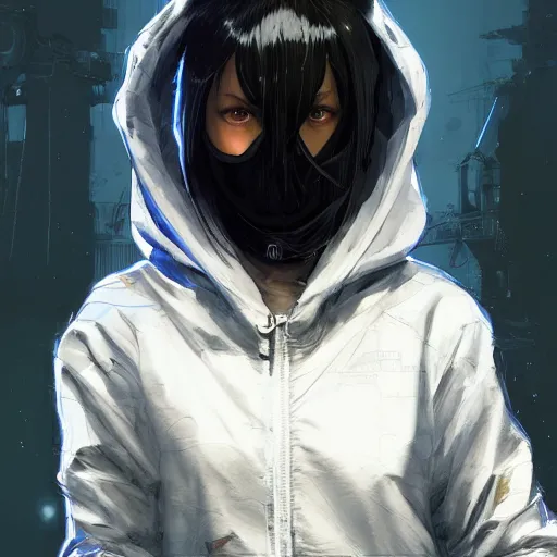 Image similar to a pale skinny white young girl with black hair, the hime cut, 1 8, in a black hoodie, and a cat, apex legends character, digital illustration portrait design, by android jones and greg rutkowski, retrowave color scheme, detailed, cinematic lighting, wide angle action dynamic portrait