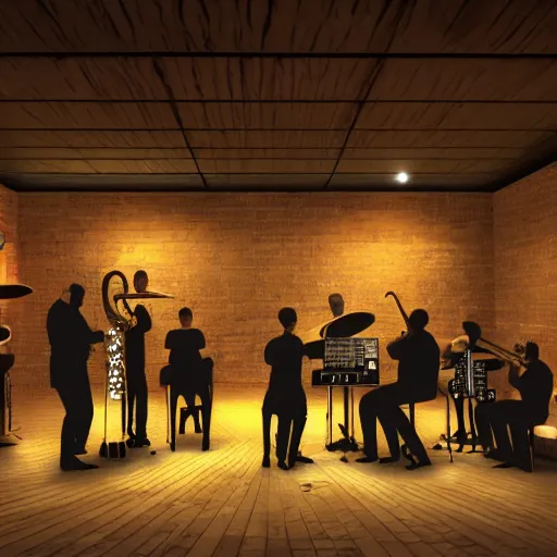 Prompt: architecture students drawing a jazz band playing in a busy underground bar, photorealistic, 8k