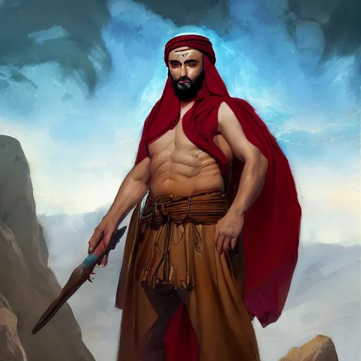 Prompt: A beautiful digital painting of a 30 year old man with middle eastern skin and Biblical clothing, by Stanley Artgerm Lau, frank frazetta, Rossdraws, James Jean, gerald brom, Andrei Riabovitchev, Marc Simonetti, and Sakimichan, trending on artstation, SFW version