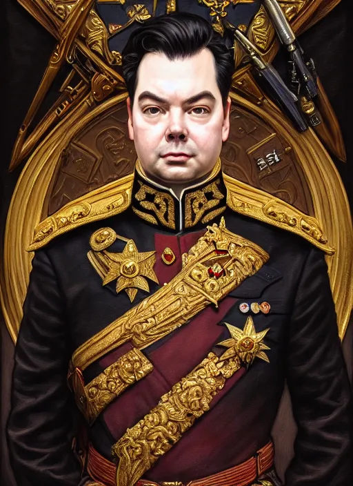 Prompt: portrait of supreme leader rich evans, royalty, extravagant, lord, full body, military uniform, fantasy, intricate, elegant, beautiful, highly detailed, charcoal, centered, dark, smokey, digital painting, artstation, concept art, art by artgerm and greg rutkowski and alphonse mucha