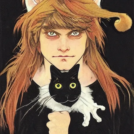 Prompt: a teenage boy with shaggy blond hair dressed as a black cat themed superhero. With cat ears, a tail, and a bell at his neck. Norman Rockwell, Ashley wood, Alphonse Mucha