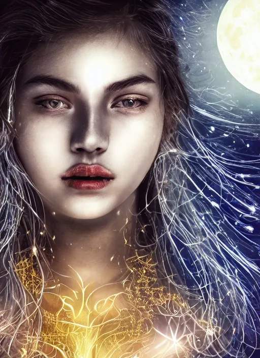Image similar to glowing silver and golden elements, full close-up portrait, young model from shutterstock as a dark witch in front of the full big moon, book cover, green forest, red white black colors, establishing shot, extremly high detail, photo-realistic, cinematic lighting, pen and ink, intricate line drawings, by Yoshitaka Amano, Ruan Jia, Kentaro Miura, Artgerm, post processed, concept art, artstation, matte painting, style by eddie, raphael lacoste, alex ross