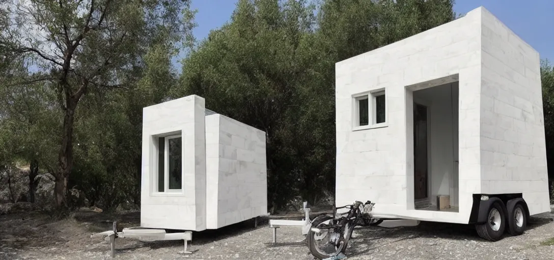 Image similar to greek tiny house on trailer that looks like the parthenon made of marble designed by iktinos and callicrates.