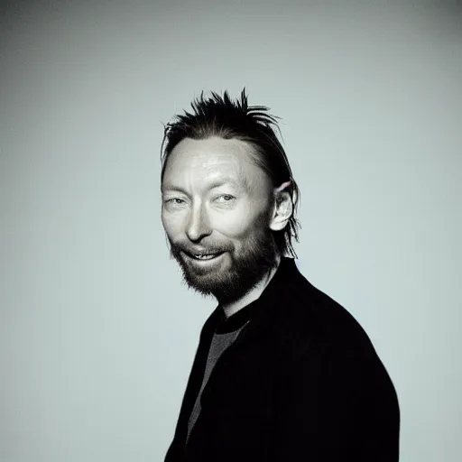 Image similar to Smiling Thom Yorke, with a beard and a black jacket, a portrait by John E. Berninger, dribble, neo-expressionism, uhd image, studio portrait, 1990s