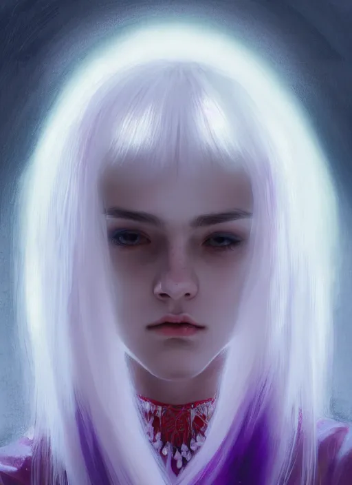 Image similar to hair whitebangs hair, white hair, whitebangsblackhair, portrait of teenage girl with white bangs, red irises, purple clothes, intricate, elegant, glowing lights, highly detailed, digital painting, artstation, concept art, sharp focus, illustration, art by wlop, mars ravelo and greg rutkowski