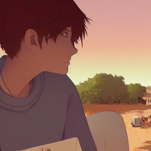 Image similar to red haired teen boy, desert village in the background, suna gakure, digital painting, artstation, highly detailed, by makoto shinkai and thomas kindle and James gilleard