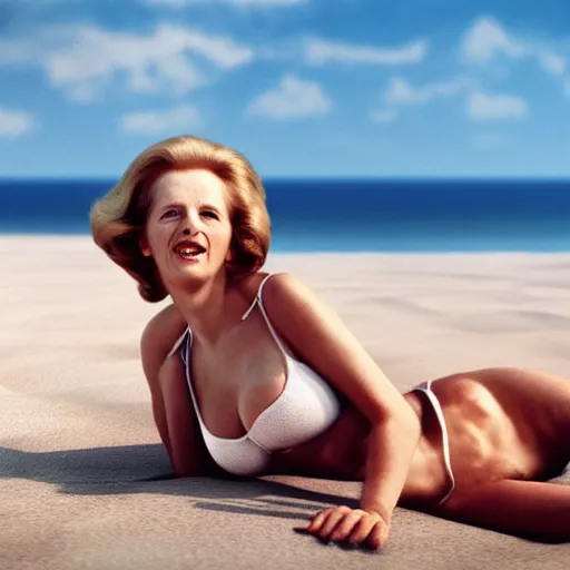 Prompt: maggie thatcher on beach, bikini, realistic, sunny lighting, octane render, gq magazine, hyper realistic, high quality, highly detailed, hd, beautiful, sexy, cinematic, 8 k, facial accuracy,