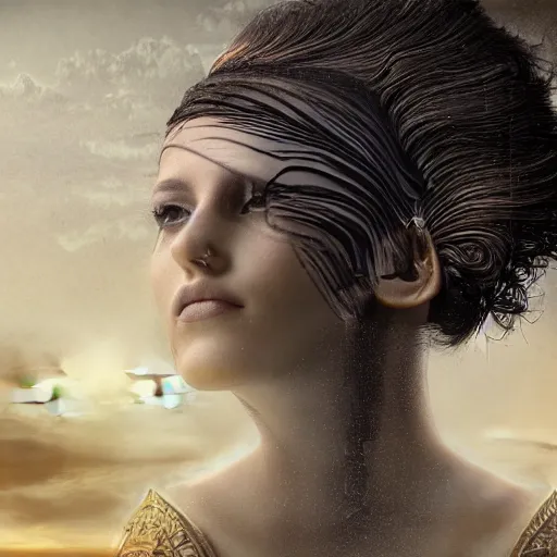 Prompt: double exposure portrait of a beautiful short dark haired feminine queen looking away, over the desertic city of a thousand temples, by leonard de vinci, digital art