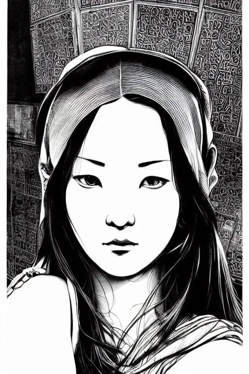 Prompt: beautiful portrait of a woman, negative no not mona lisa pose, highly detailed ink illustration of a dark alley of taipei, b & w clean shaped illustration by kim jung gi, ric estrada, ron english and eiichiro oda