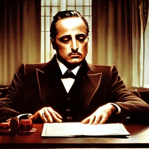 Image similar to scene from the godfather with the godfather seated at his desk. cinematic, photorealistic, realistic faces