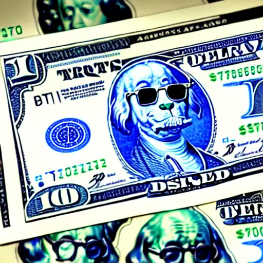 Prompt: currency design like a dollar bill, blue, with the design of an apricot poodle dog with a cigar and glasses printed on currency paper, currency symbols printed, highly detailed, realistic, octane render, uplight