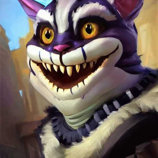 Image similar to greg manchess portrait painting of partially armored cheshire cat from alice in wonderland as overwatch character, medium shot, asymmetrical, profile picture, organic painting, sunny day, matte painting, bold shapes, hard edges, street art, trending on artstation, by huang guangjian, gil elvgren, ruan jia, randy vargas, greg rutkowski