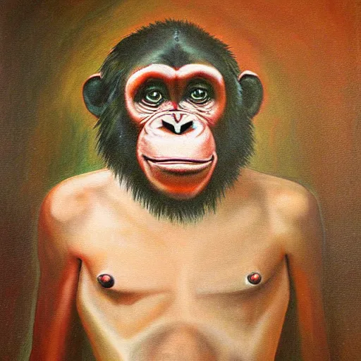 Image similar to portre of an autistic demonic chimpanzee on acid, masonic and kabalistic symbols in background, oil painting