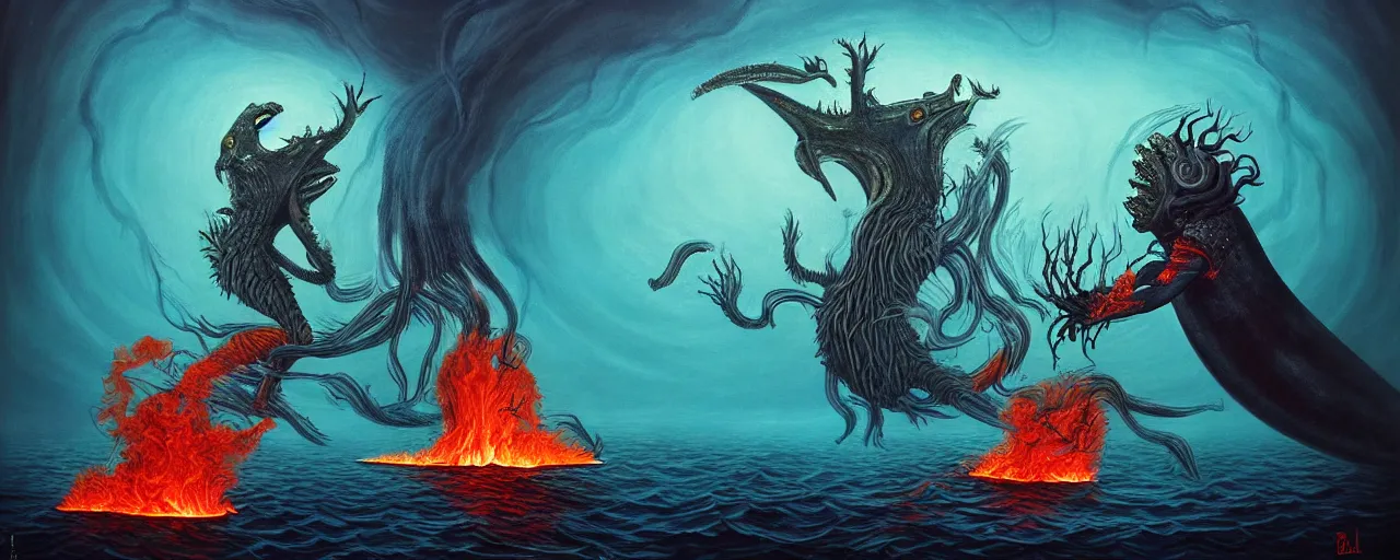 Image similar to mysterious bestiary of wild emotion monsters repressed in the deep sea of unconscious of the psyche lead by baba yaga, about to rip through and escape in a extraordinary revolution, dramatic fire glow lighting, surreal painting by ronny khalil