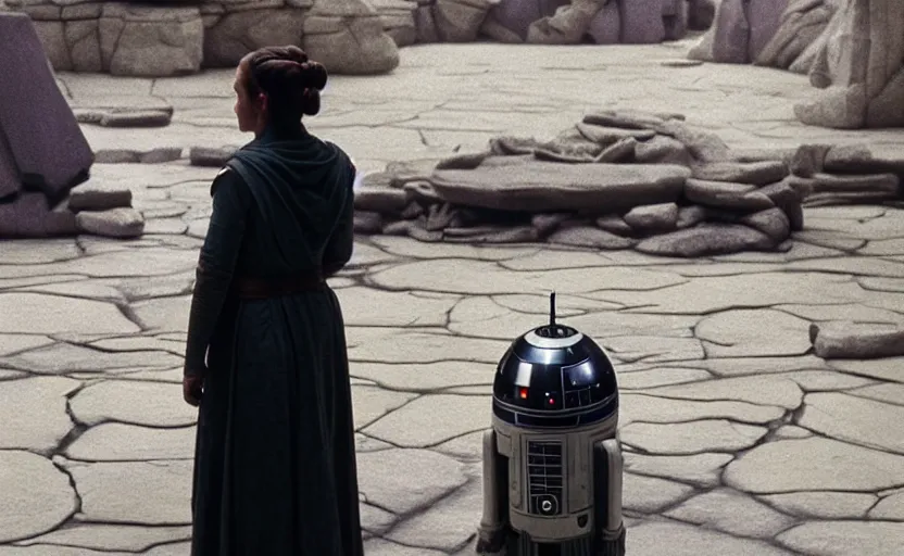 Image similar to portrait of Princess Leia alone at Jedi Temple scene from the last jedi, 2022, film by Stanley Kubrick, 4k serene, iconic , photoreal Carrie fischer, detailed stunning cinematography, hyper detailed, sharp, anamorphic lenses, kodak color film