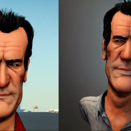 Image similar to a screenshot of bruce campbell in gta 5. 3 d rendering. unreal engine. amazing likeness. very detailed. cartoon caricature