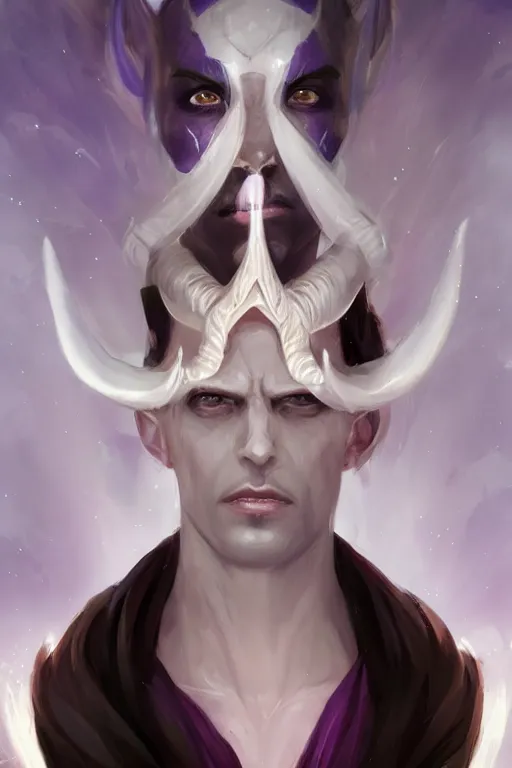 Image similar to djinn man male demon, portrait, full body character concept art, purple cloak, single person, illustration, white horns from eyebrows, single face, cinematic color grading, editorial photo, fashion, hyperrealism, trending on artstation, Charlie Bowater, WLOP