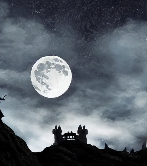 Prompt: a dragon silhouette is flying across the full moon at night, with dark castle in foreground, cinematic frame by steven spielberg, game of thrones, hd