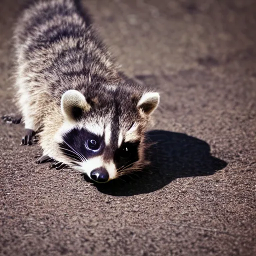 Prompt: a cute baby raccoon playing with a white sneaker shoe, strings undone, 5 0 mm f 1. 4, soft lighting