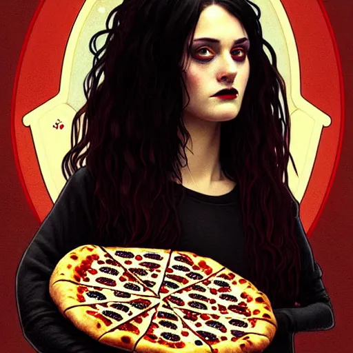 Prompt: portrait of teenage goth wynonna ryder flipping a pizza in the air in a dominos pizza, intricate, headshot, highly detailed, digital painting, artstation, concept art, sharp focus, cinematic lighting, illustration, art by artgerm and greg rutkowski, alphonse mucha, cgsociety