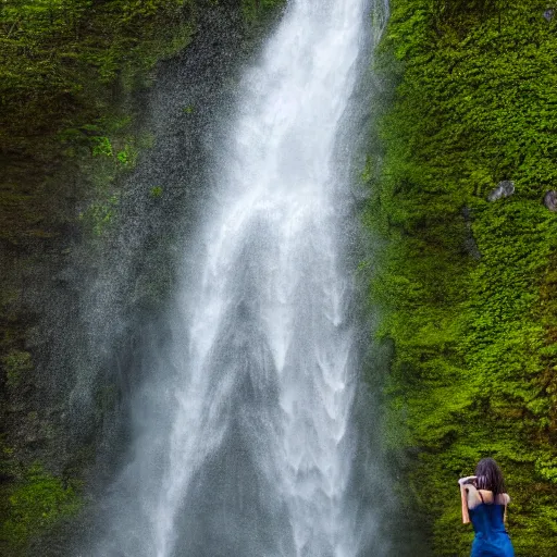 Image similar to a beautiful young woman, standing in a waterfall, hyper realistic, 8k, cinematic lighting, perfect symmetry, DSLR,